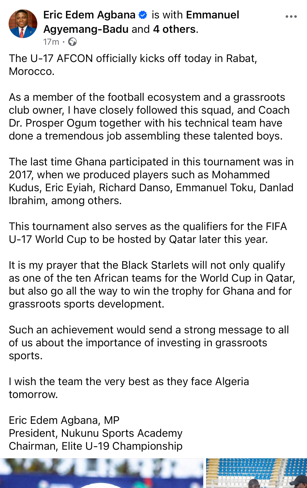 Hon. Edem Agbana sends clear message to Ghana U-17 boys as youth AFCON Kicks-off in Morocco