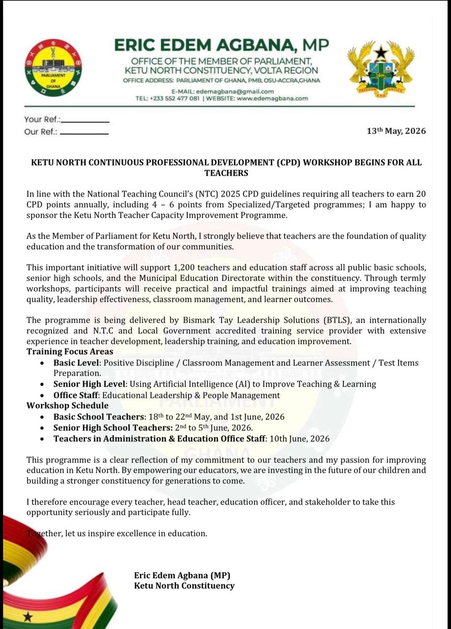 Hon. Edem Agbana organizes Continuous Professional Development Program for about 1200 public school teachers in Ketu North