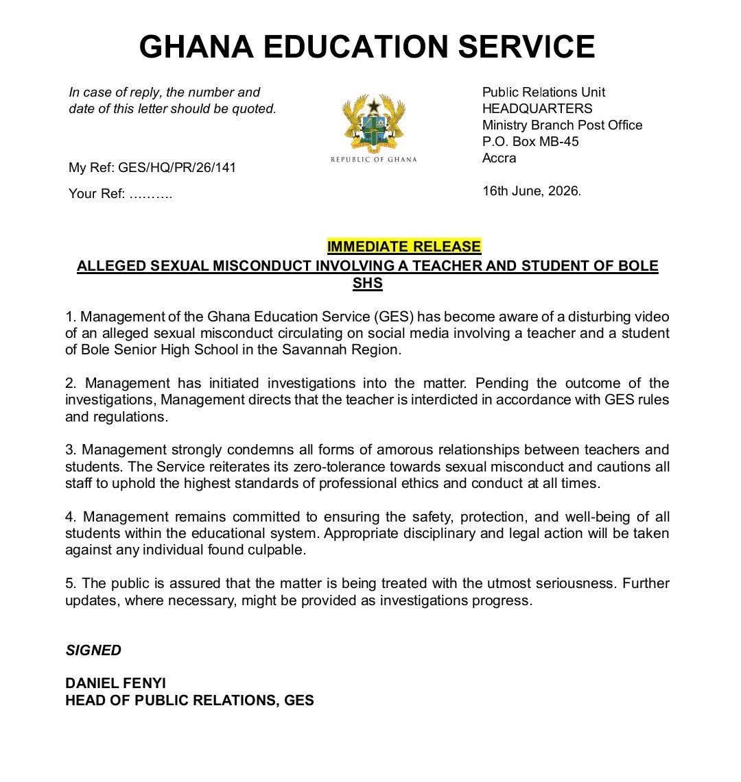 GES Interdicts Teacher Over Alleged Sexual Misconduct Involving Bole SHS Student