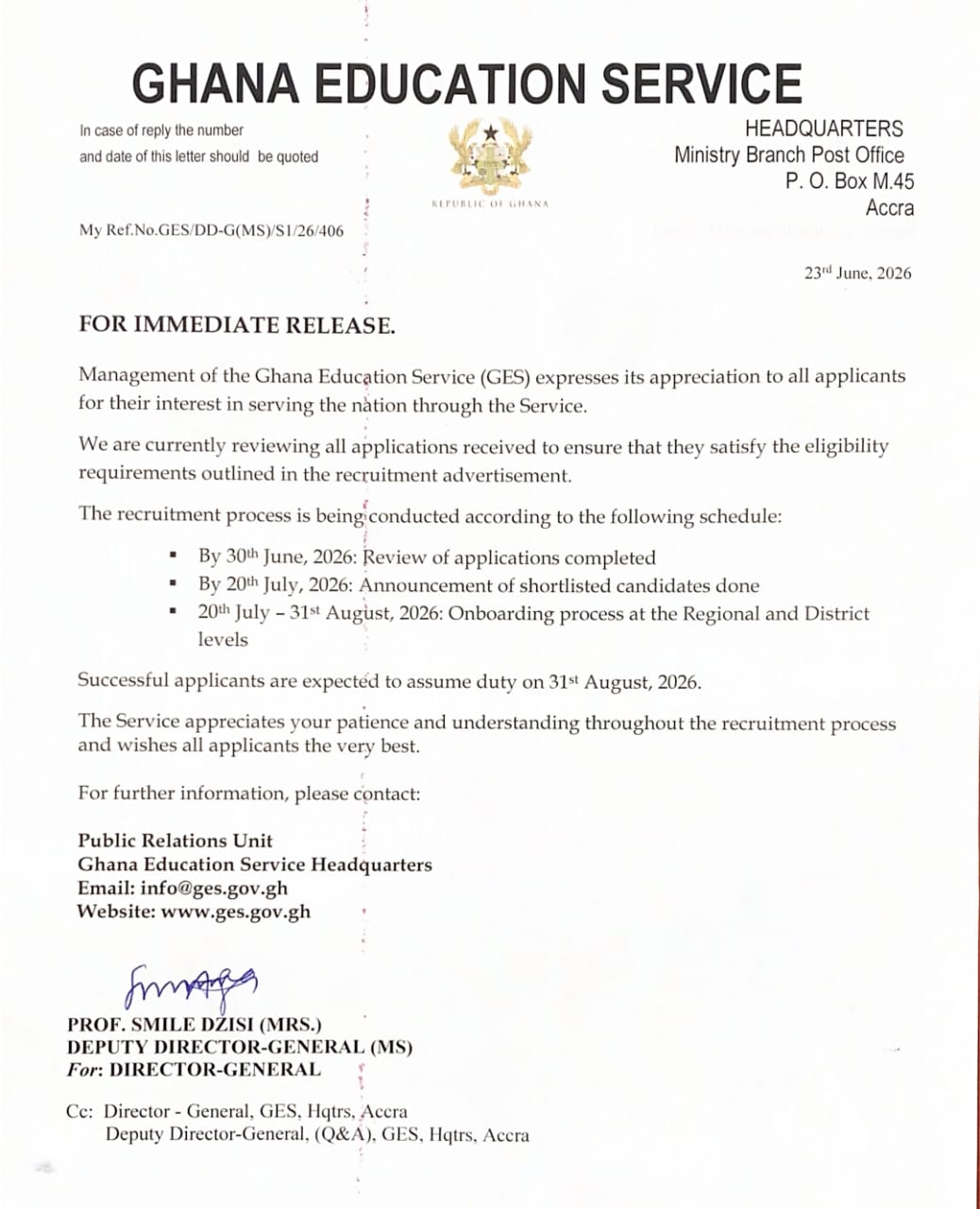 GES Releases Updated Recruitment Timeline for 2026 – Successful Applicants to Assume Duty by 31st August