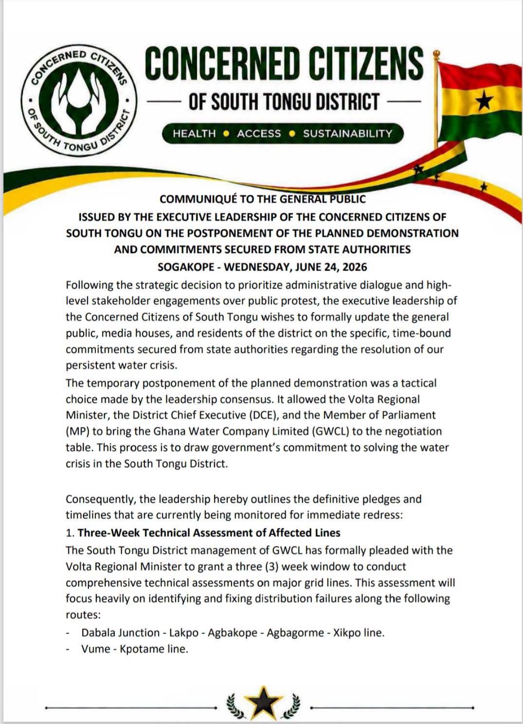 Concerned Citizens of South Tongu Postpone Planned Protest to Prioritize Diplomatic Resolution of Acute Water Crisis