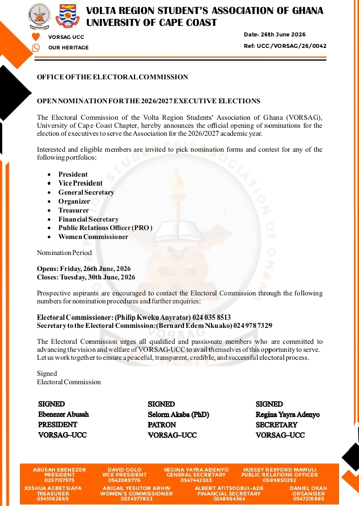 VORSAG-UCC Opens Nominations for 2026/2027 Executive Elections – Aspiring Leaders, Step Forward!