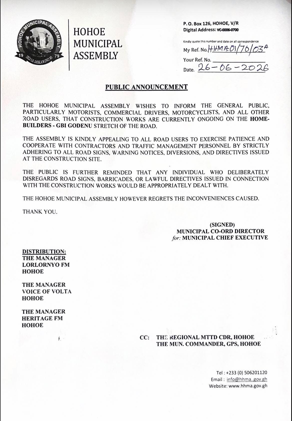 Hohoe Municipal Assembly Alerts Road Users to Ongoing Construction on Home-Builders - GBI Godenu Stretch