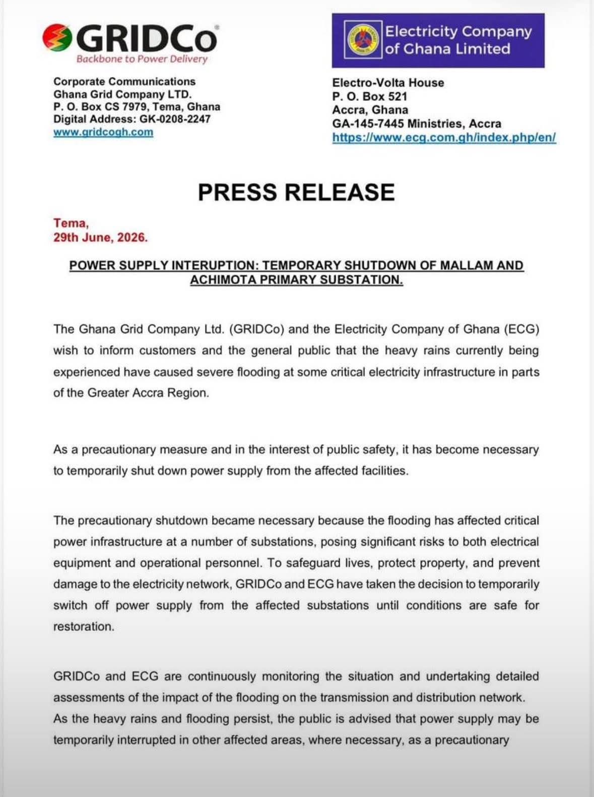 GRIDCo and ECG Announce Temporary Power Shutdown in Mallam and Achimota Areas Due to Flooding