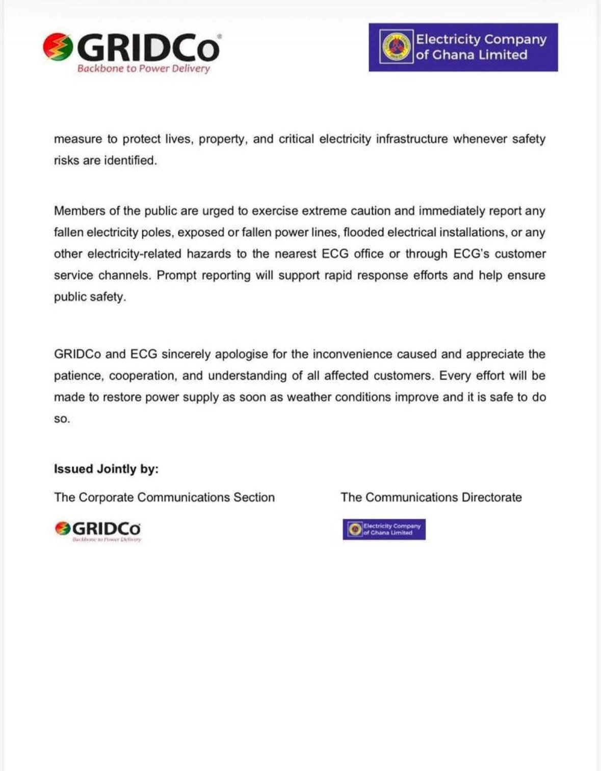 GRIDCo and ECG Announce Temporary Power Shutdown in Mallam and Achimota Areas Due to Flooding