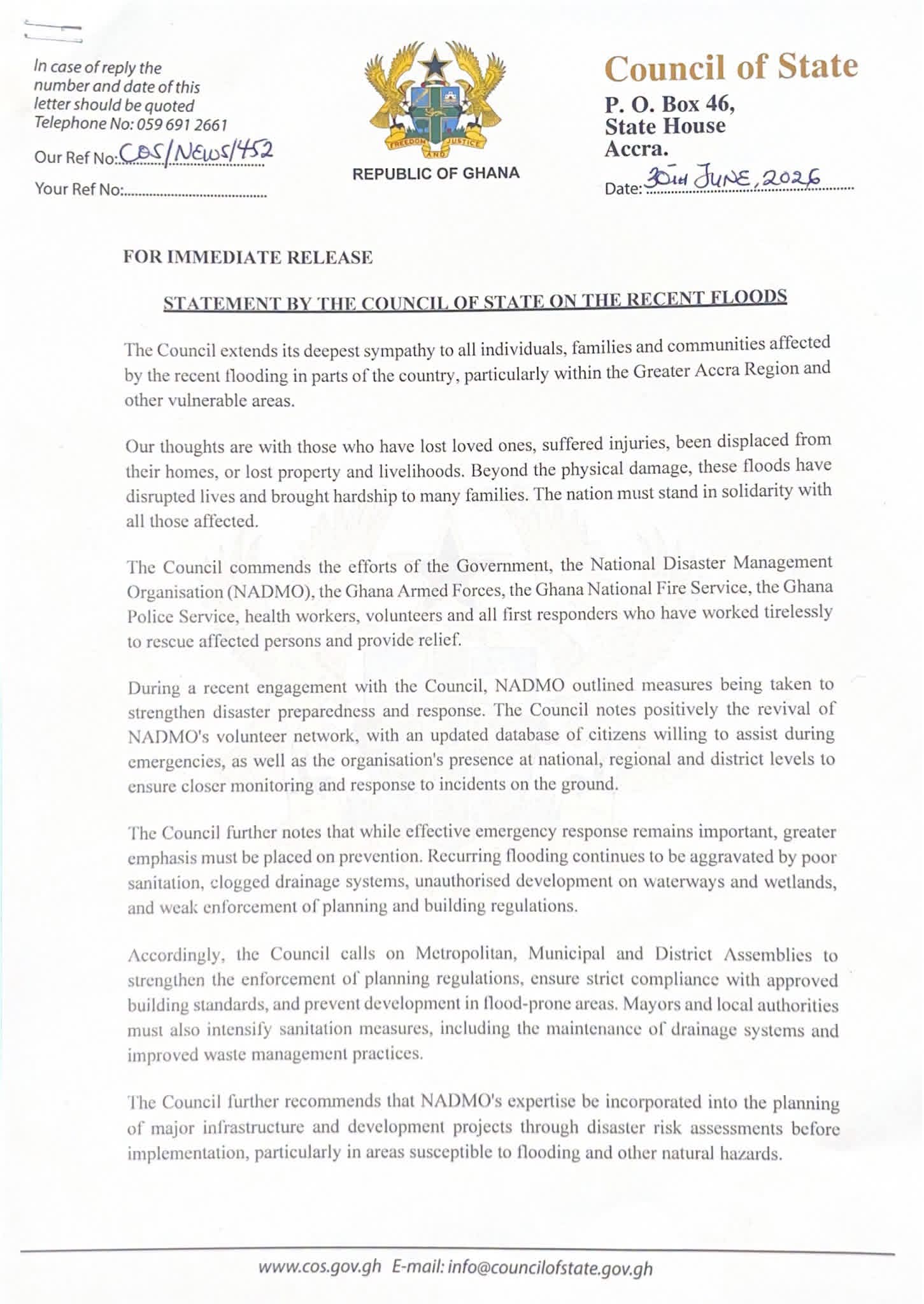 Council of State Extends Sympathy to Flood Victims, Urges Stronger Preventive Measures
