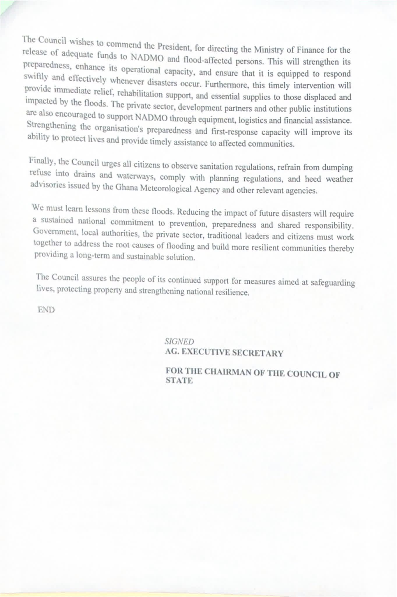 Council of State Extends Sympathy to Flood Victims, Urges Stronger Preventive Measures