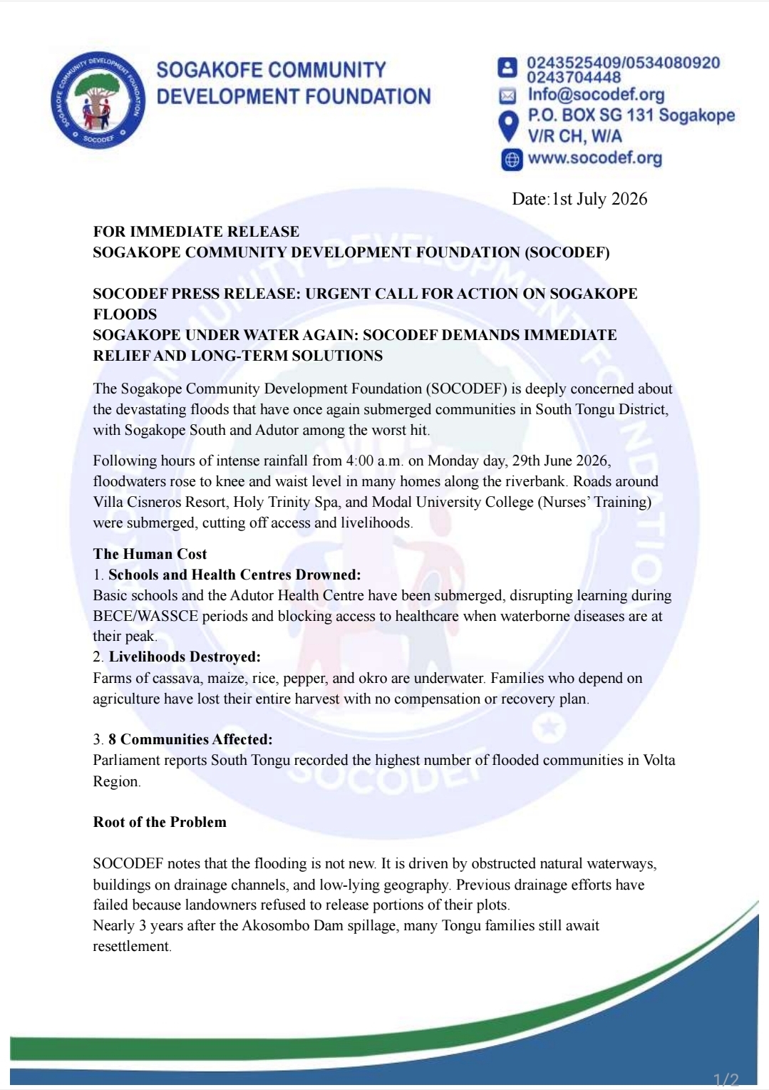 SOCODEF Demands Urgent Flood Relief and Lasting Solutions