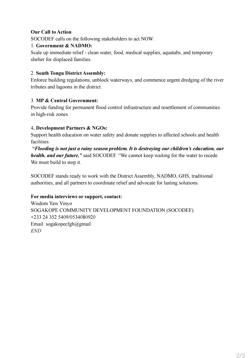 SOCODEF Demands Urgent Flood Relief and Lasting Solutions