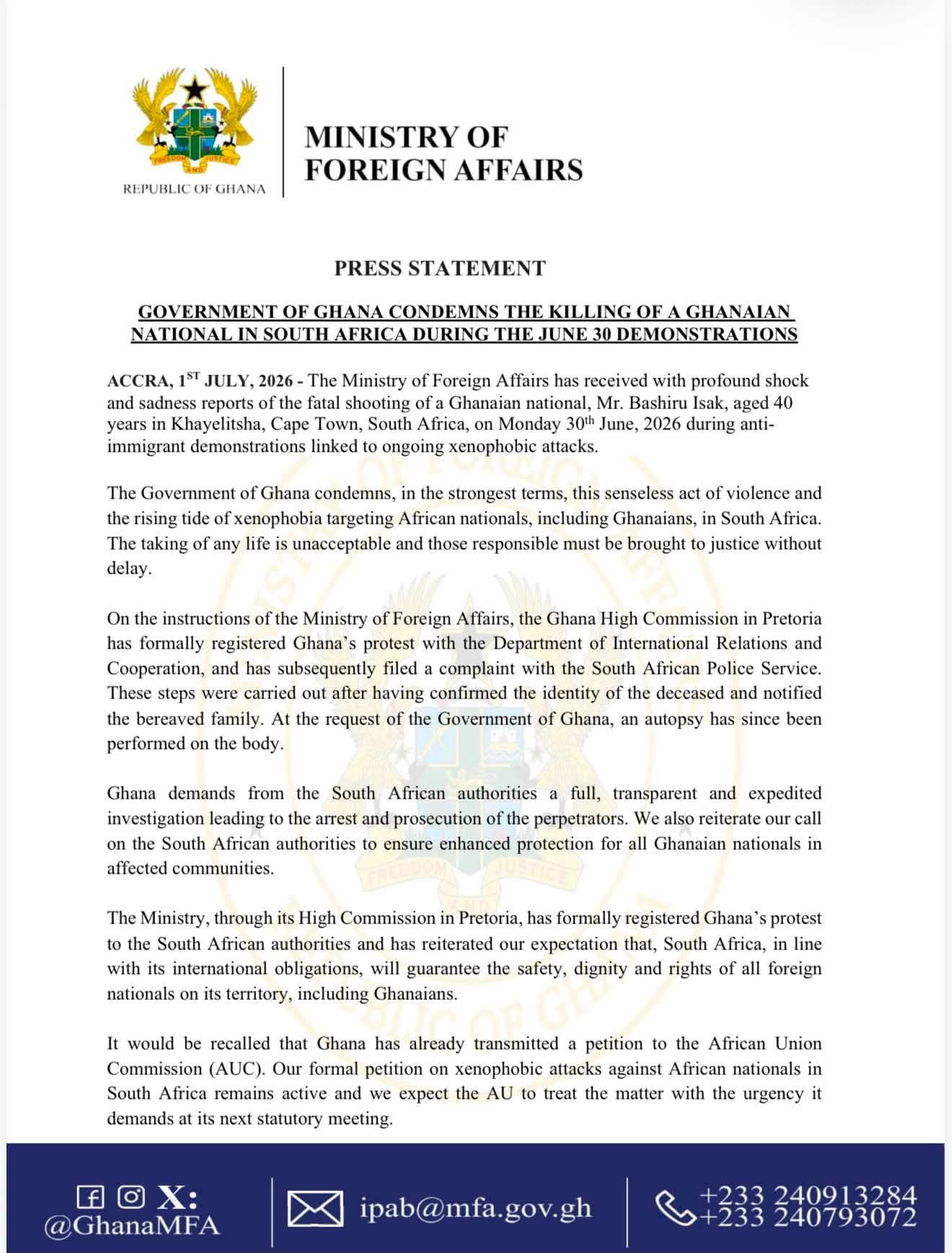 Ghana Government Condemns Killing of Citizen Bashiru Isak in South Africa Xenophobic Attack
