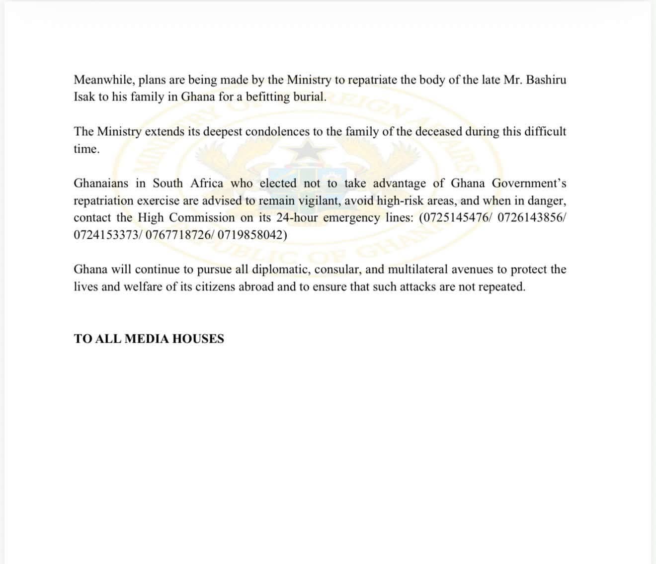 Ghana Government Condemns Killing of Citizen Bashiru Isak in South Africa Xenophobic Attack