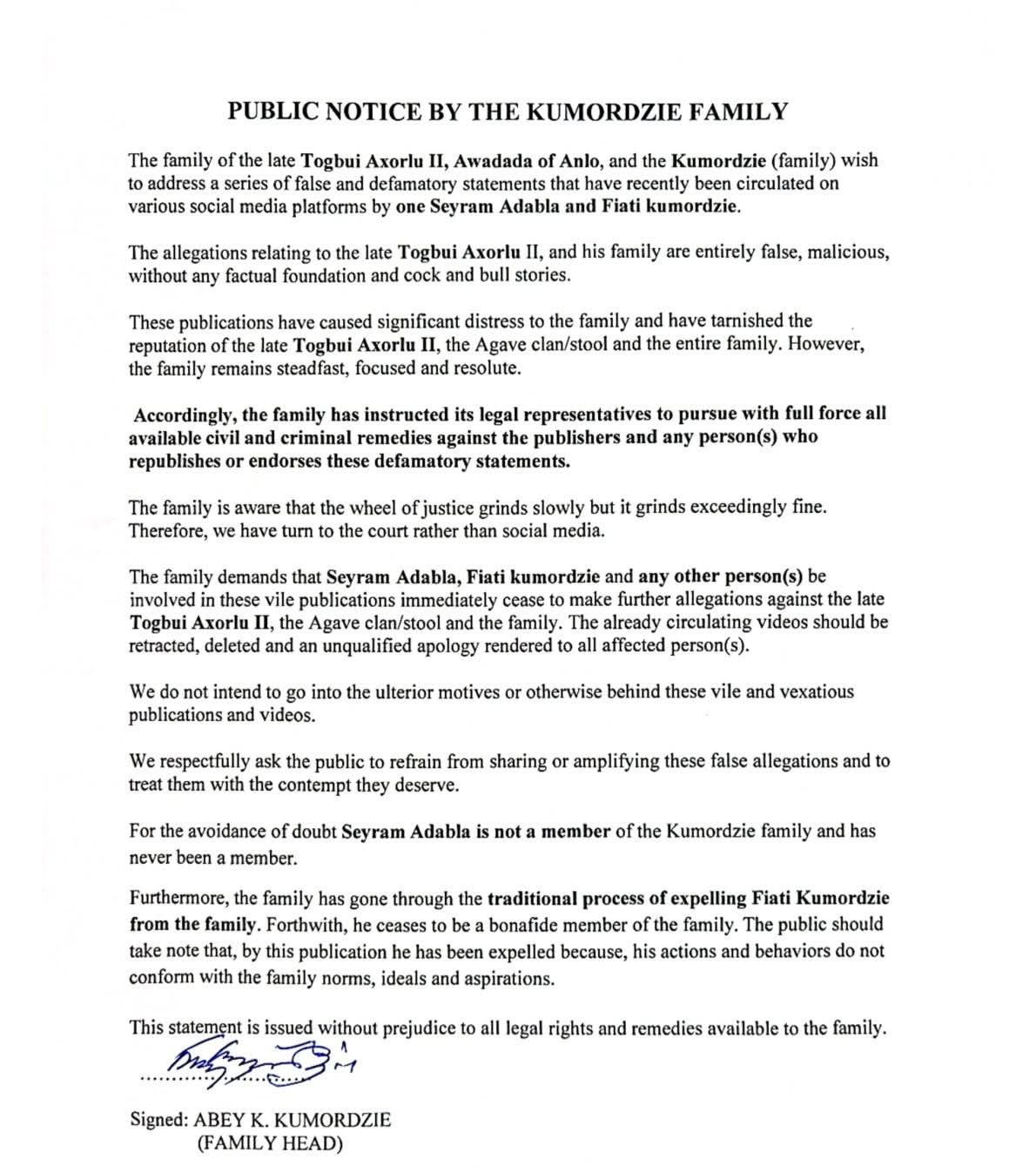 Kumordzie Family Issues Stern Public Notice Against Defamatory Allegations