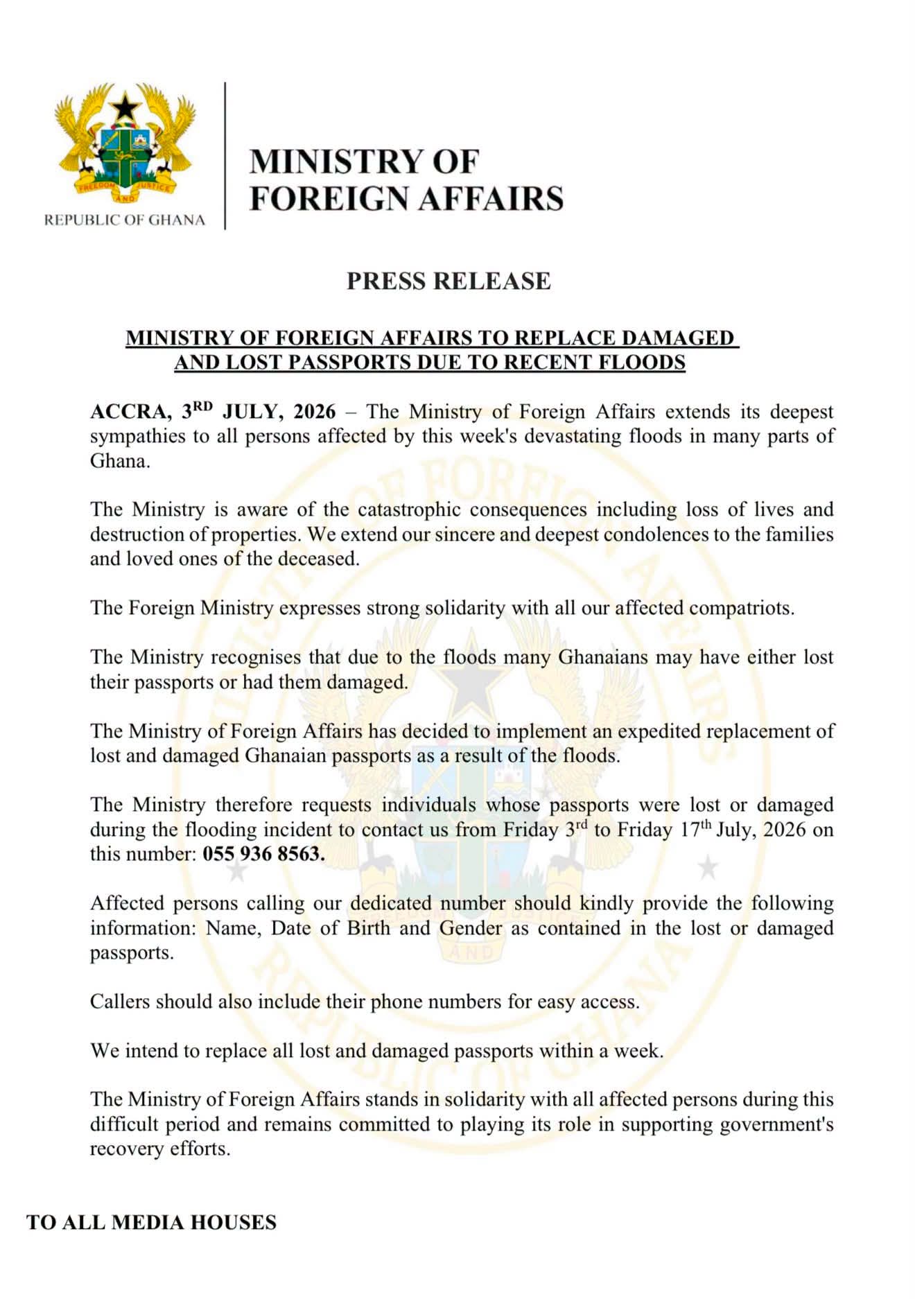 Ministry of Foreign Affairs Announces Expedited Passport Replacement for Flood Victims