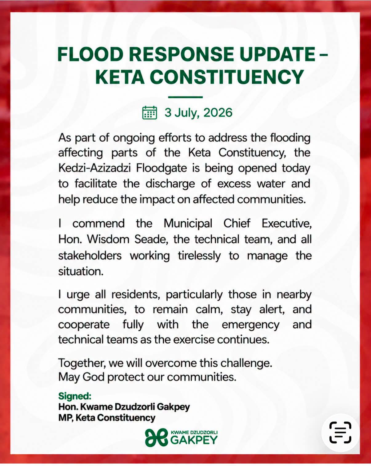 Keta MP Issues Update: Floodgate Opened to Ease Water Pressure in Affected Areas