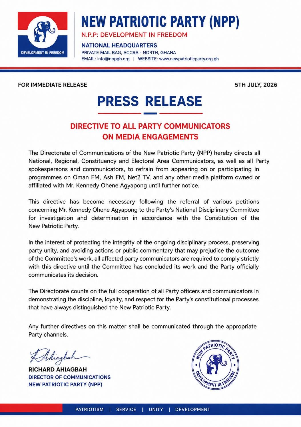 NPP Directs Communicators to Shun Kennedy Ohene Agyapong-Affiliated Media Platforms