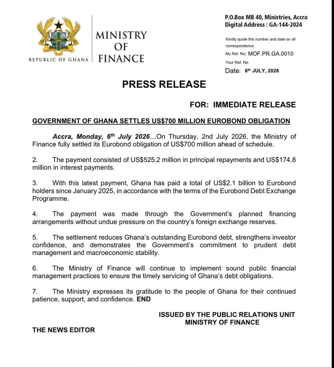 Ghana Settles US700 Million Eurobond Obligation Ahead of Schedule.