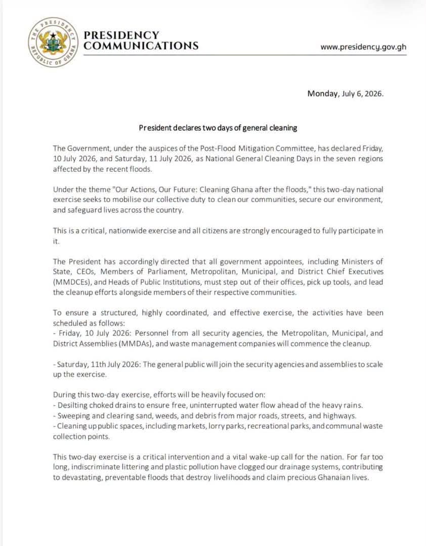 President Declares National General Cleaning Days to Combat Flood Aftermath