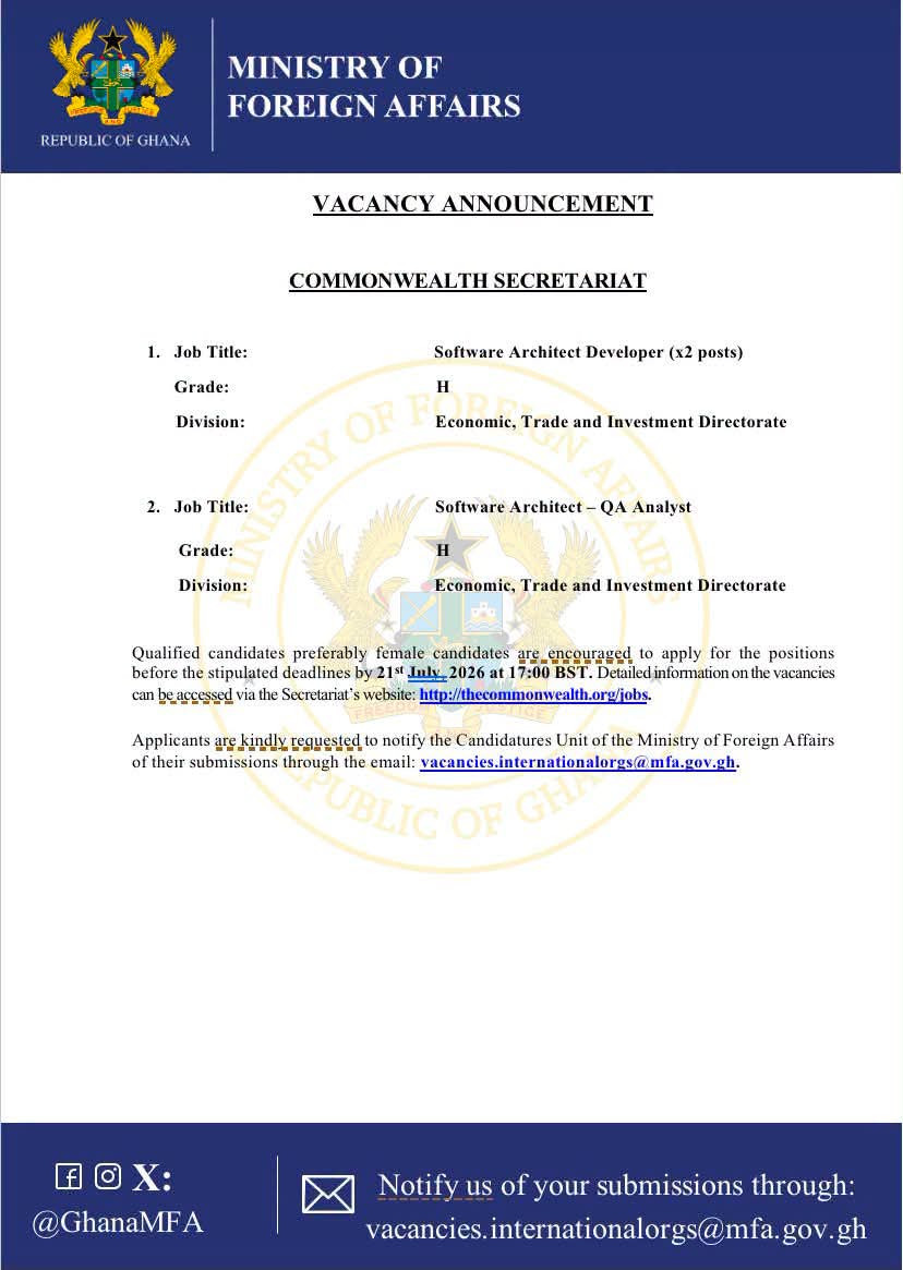 Ministry of Foreign Affairs Announces Software Architect Vacancies at Commonwealth Secretariat
