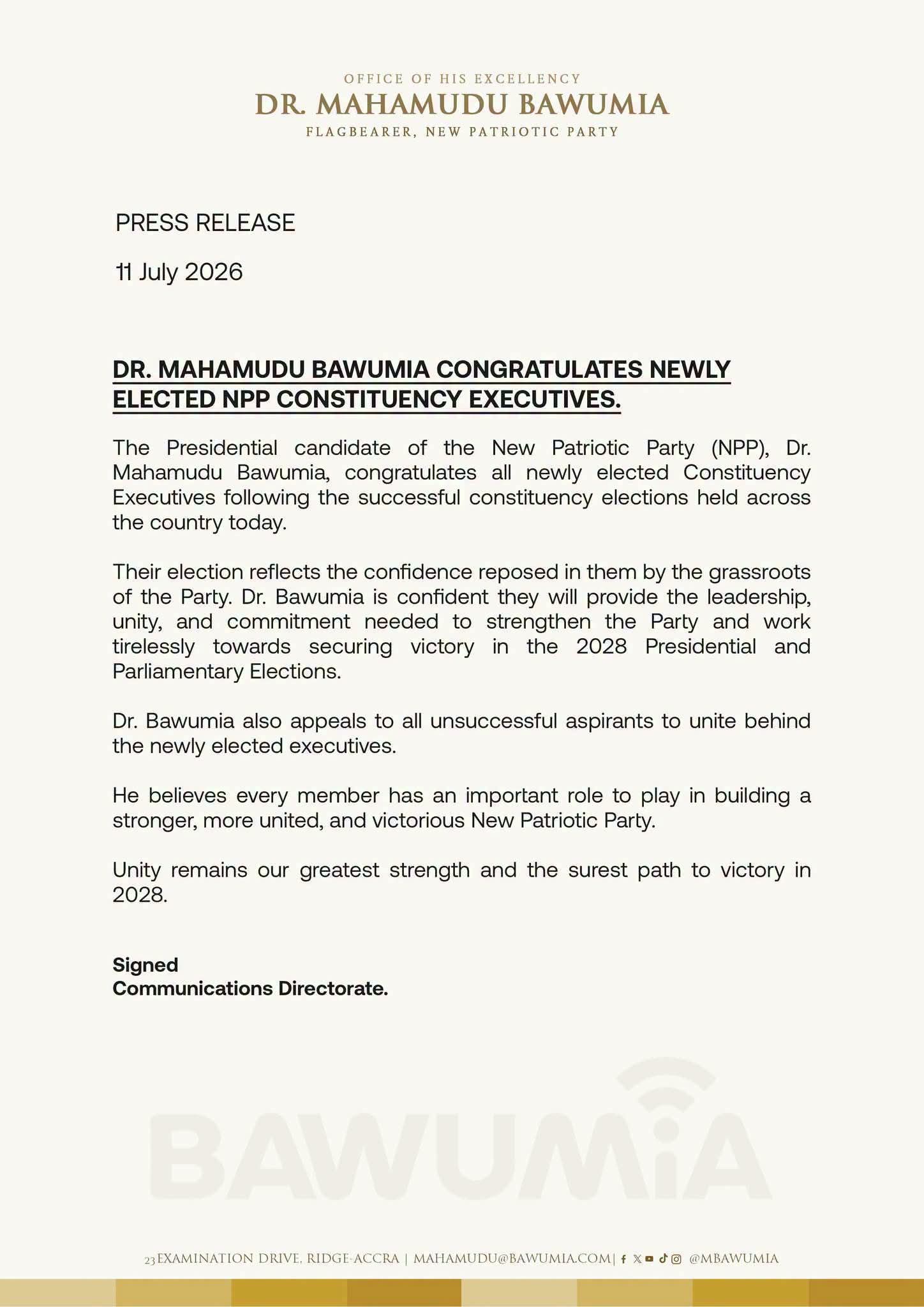 Dr. Mahamudu Bawumia Congratulates Newly Elected NPP Constituency Executives