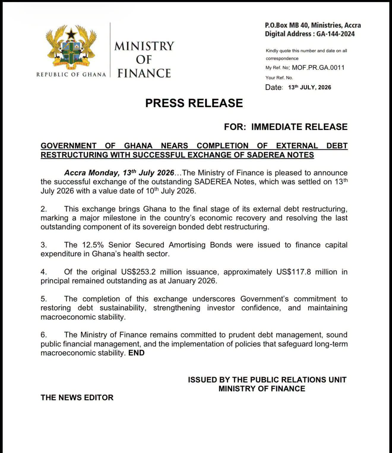 Ghana Nears Completion of External Debt Restructuring with Successful SADAREA Notes Exchange