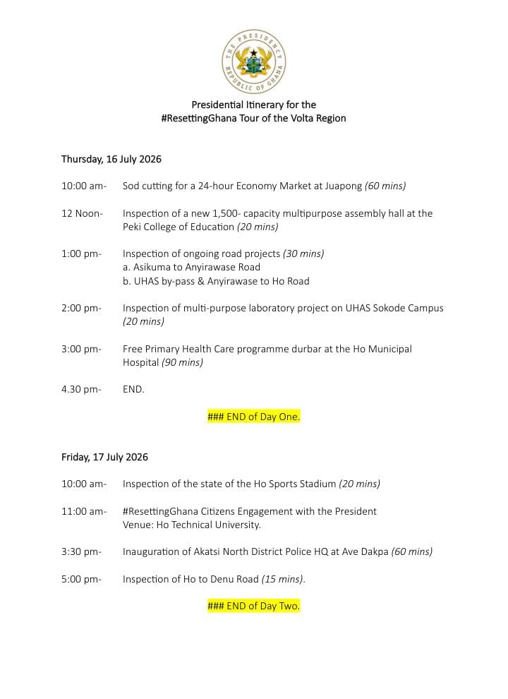 President Embarks on Two-Day ResettingGhana Tour of Volta Region with Packed Development Agenda
