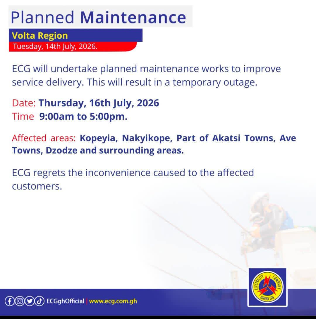 ECG Schedules Planned Power Maintenance in Volta Region on Thursday, July 16, 2026
