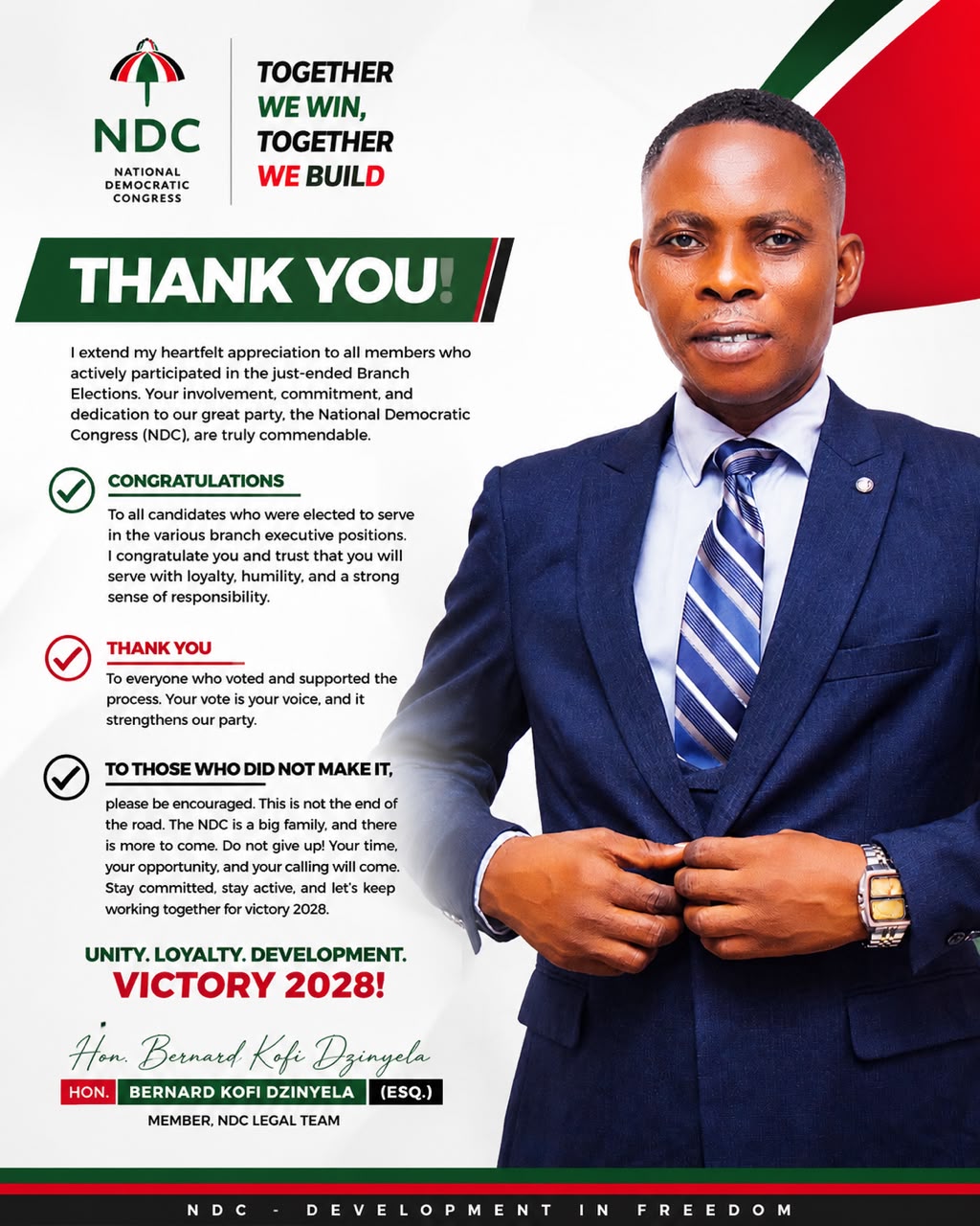 NDC Legal Team Member, Bernard Kofi Dzinyela ESQ Extends Gratitude Following Successful Branch Elections