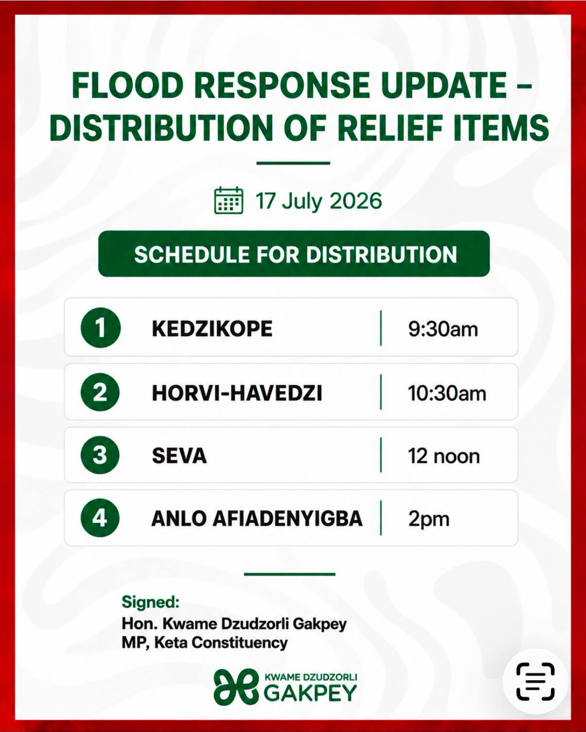Flood Relief Distribution Schedule Announced for Keta Constituency