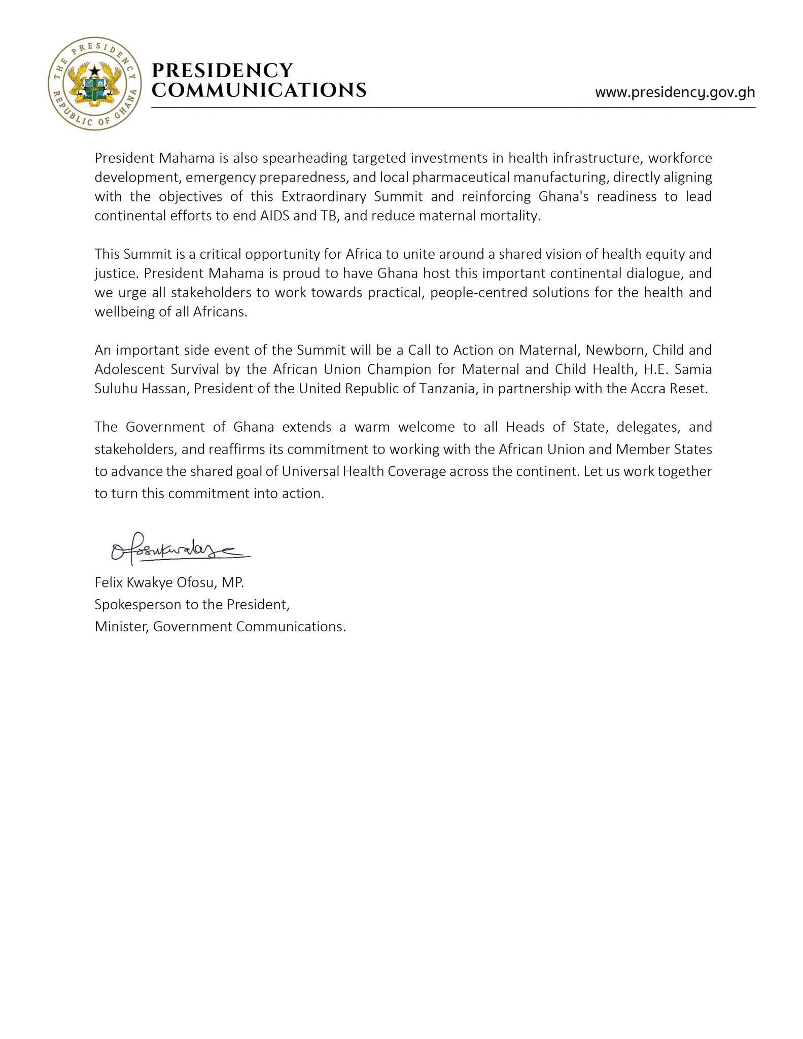 President Mahama to Host AU Extraordinary Summit in Accra to Champion Health Equity Across Africa