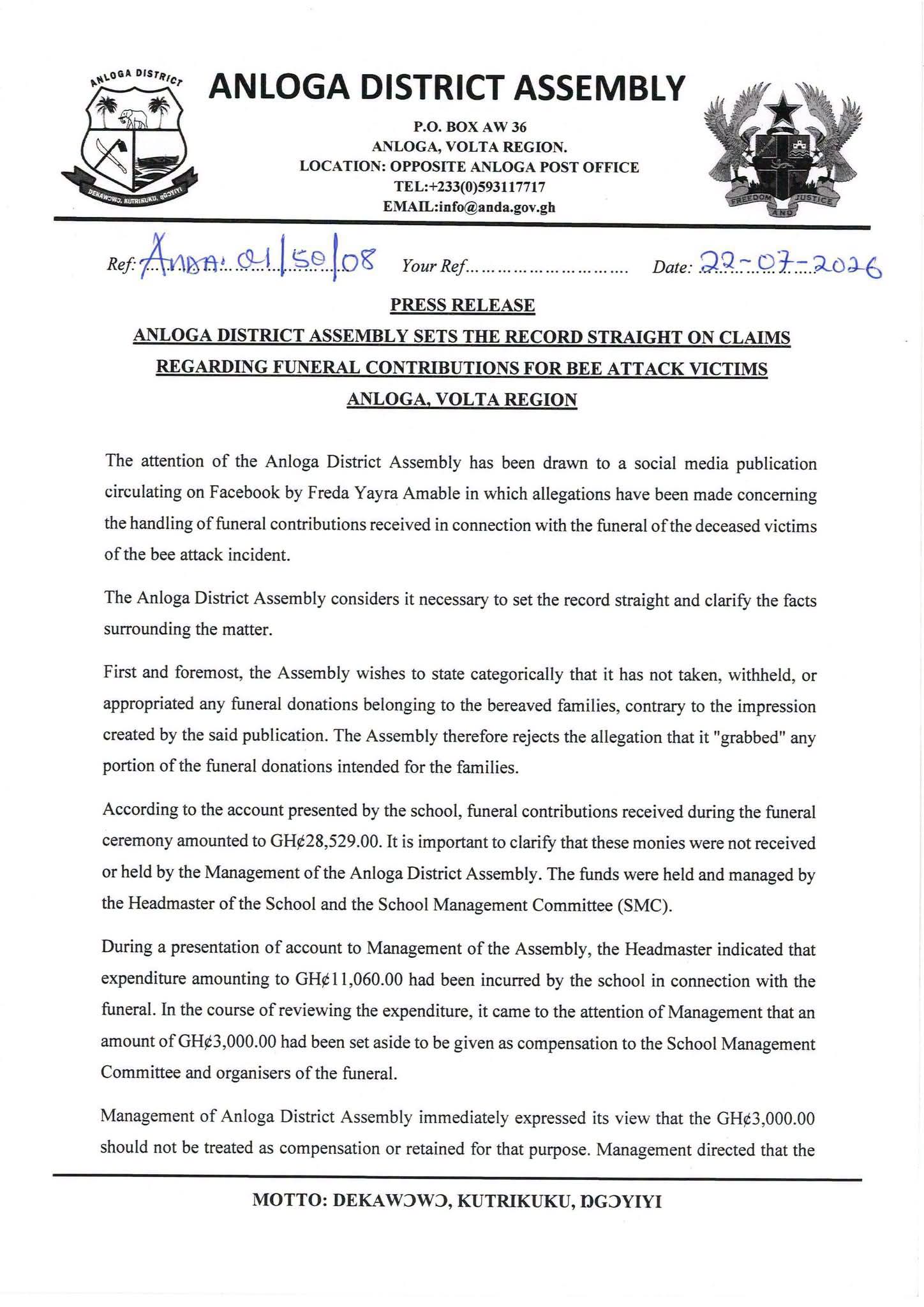 Anloga District Assembly Sets Record Straight on Bee Attack Victims’ Funeral Contributions