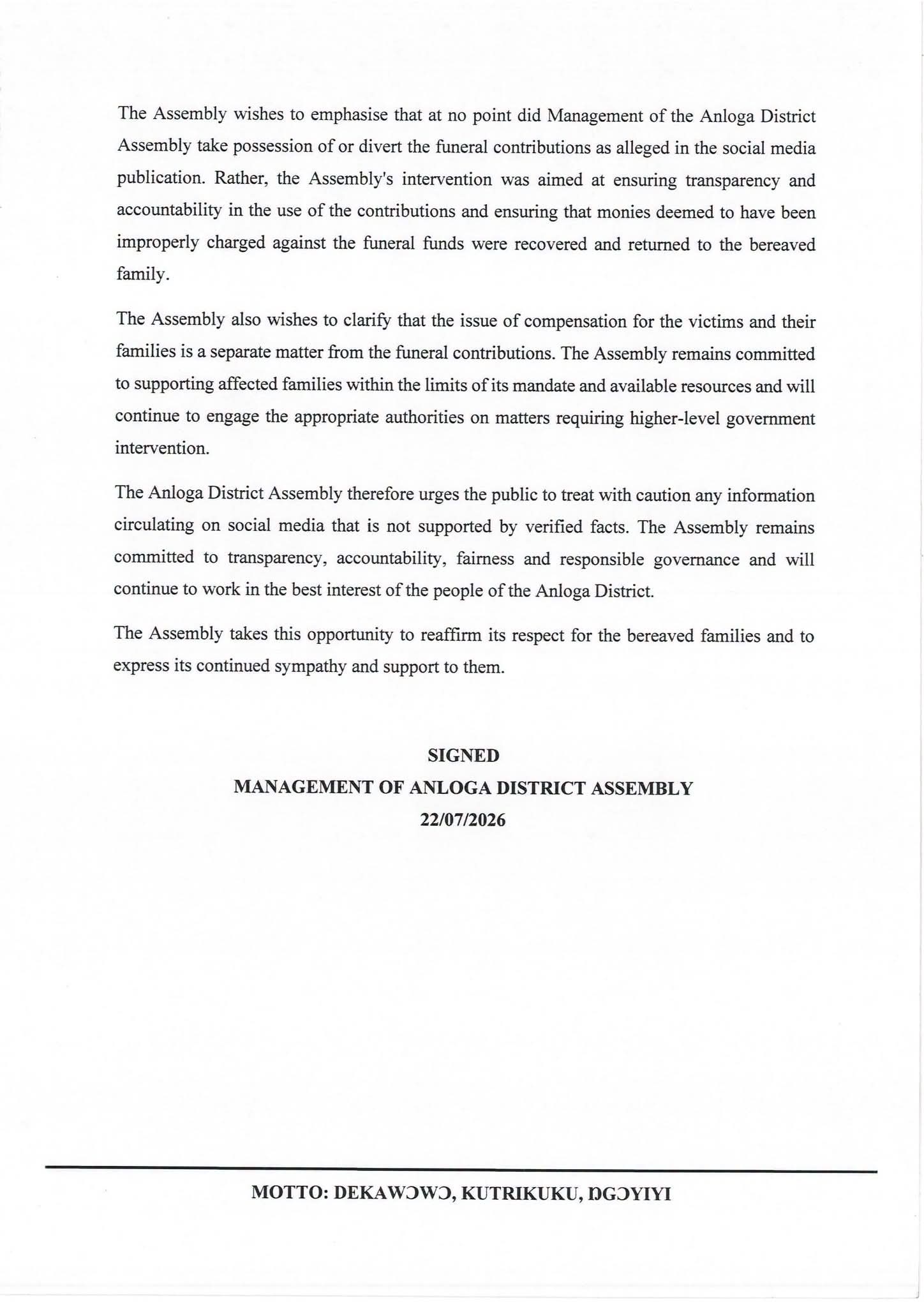 Anloga District Assembly Sets Record Straight on Bee Attack Victims’ Funeral Contributions