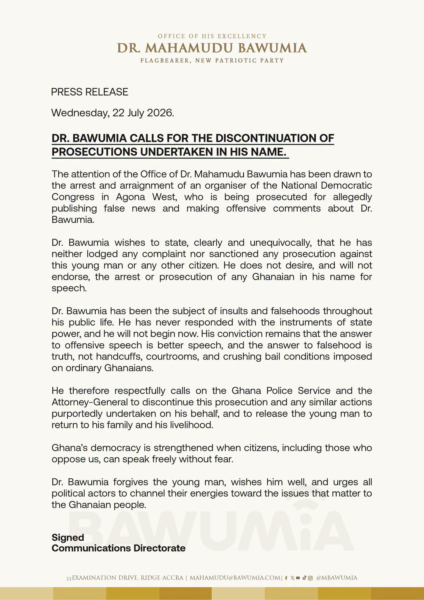 Dr. Mahamudu Bawumia Calls for Discontinuation of Prosecutions Undertaken in His Name