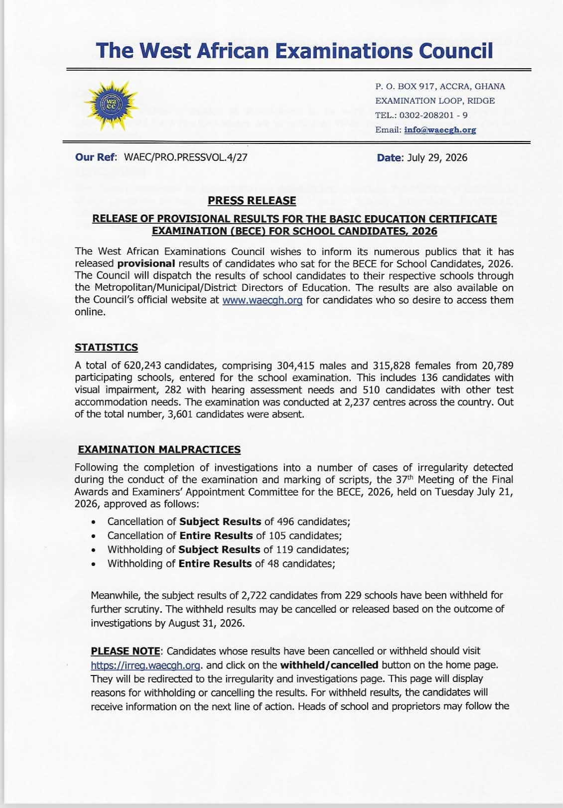 JUST IN: WAEC Releases 2026 BECE Provisional Results for School Candidates