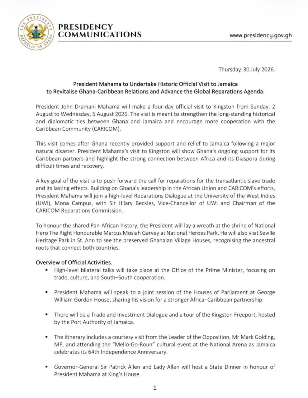 President Mahama to Undertake Historic Official Visit to Jamaica to Strengthen Ghana-Caribbean Ties and Advance the Global Reparations Agenda