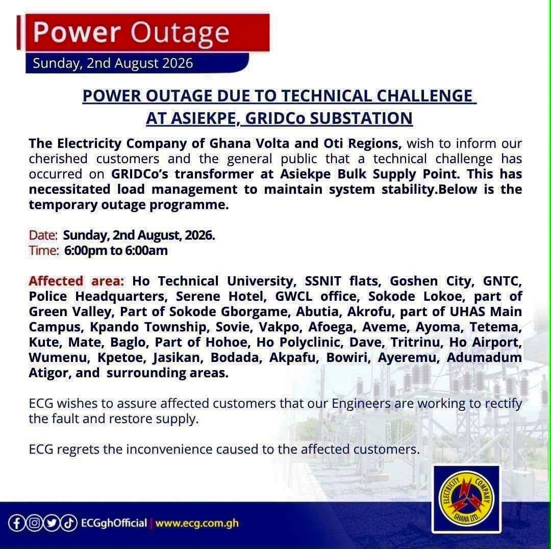 ECG: Parts of Volta and Oti Regions to Experience Temporary Power Outage