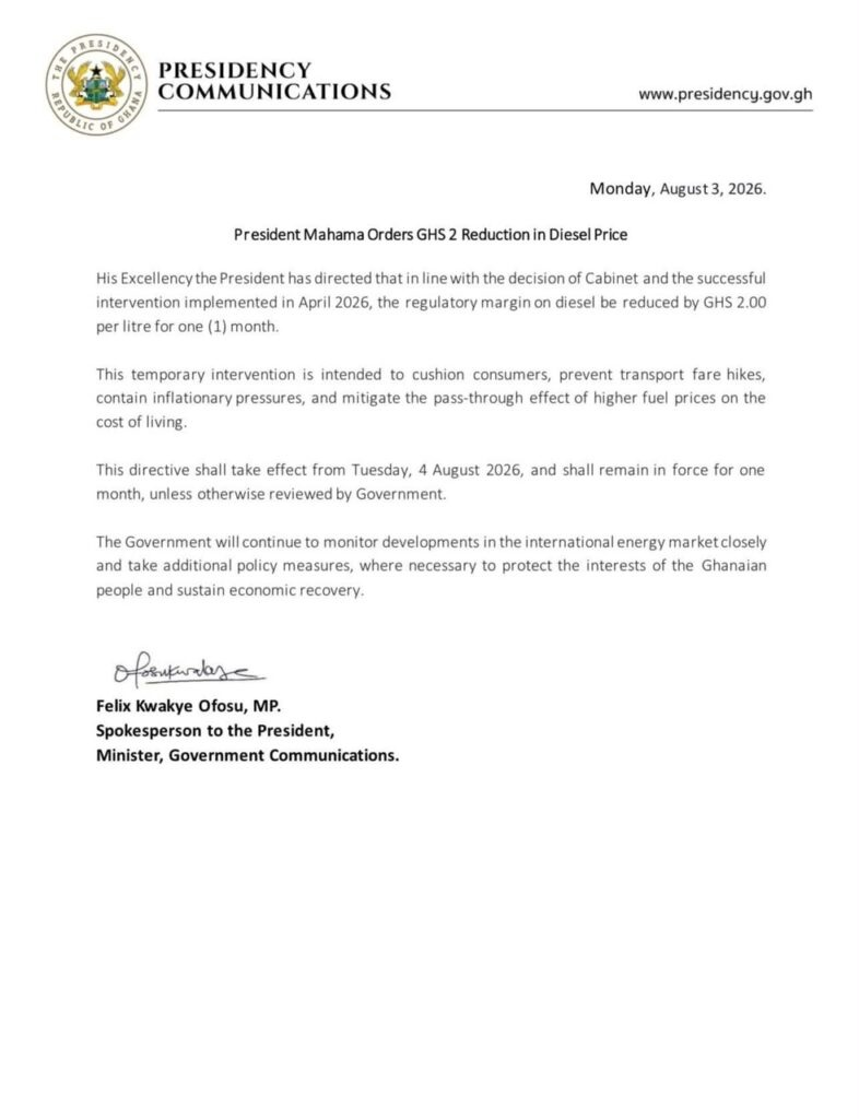 John Dramani Mahama Directs National Petroleum Authority (NPA) to Absorb GHS¢2 on Diesel