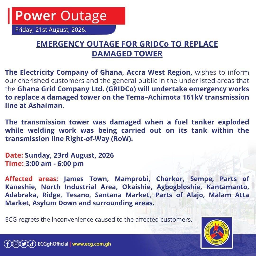 GRIDCo Announces Power Cut Across Parts of Greater Accra for Transmission Line Repairs