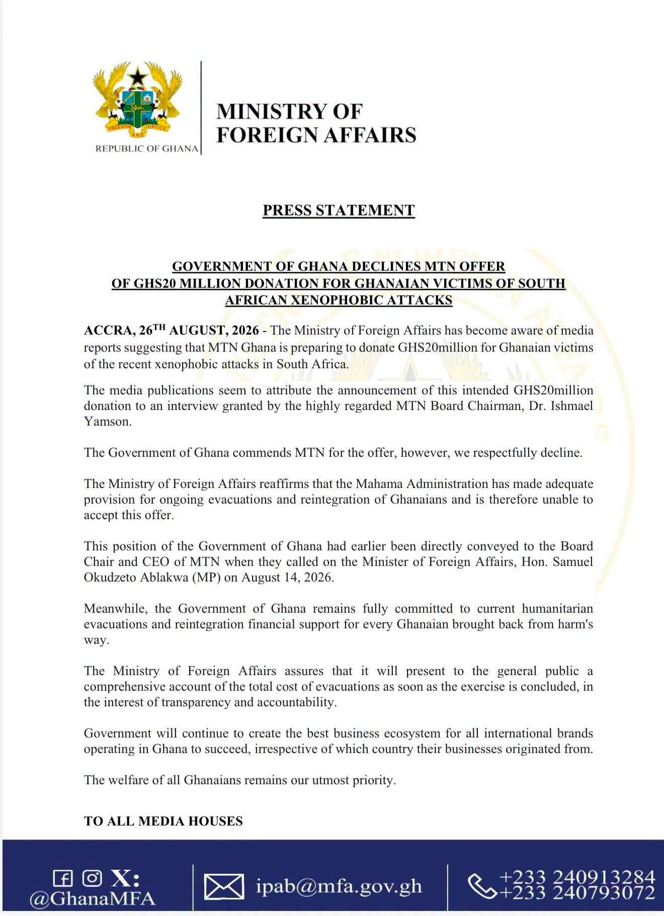 Government Declines MTN's GH20m Offer For Ghanaian Xenophobic Victims From South Africa