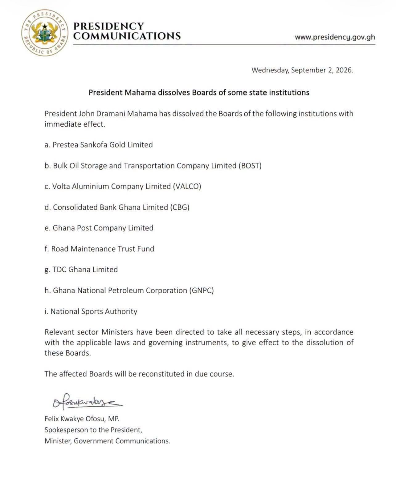 President Mahama Dissolves Boards of Nine State Agencies Including BOST, GNPC, and CBG with Immediate Effect