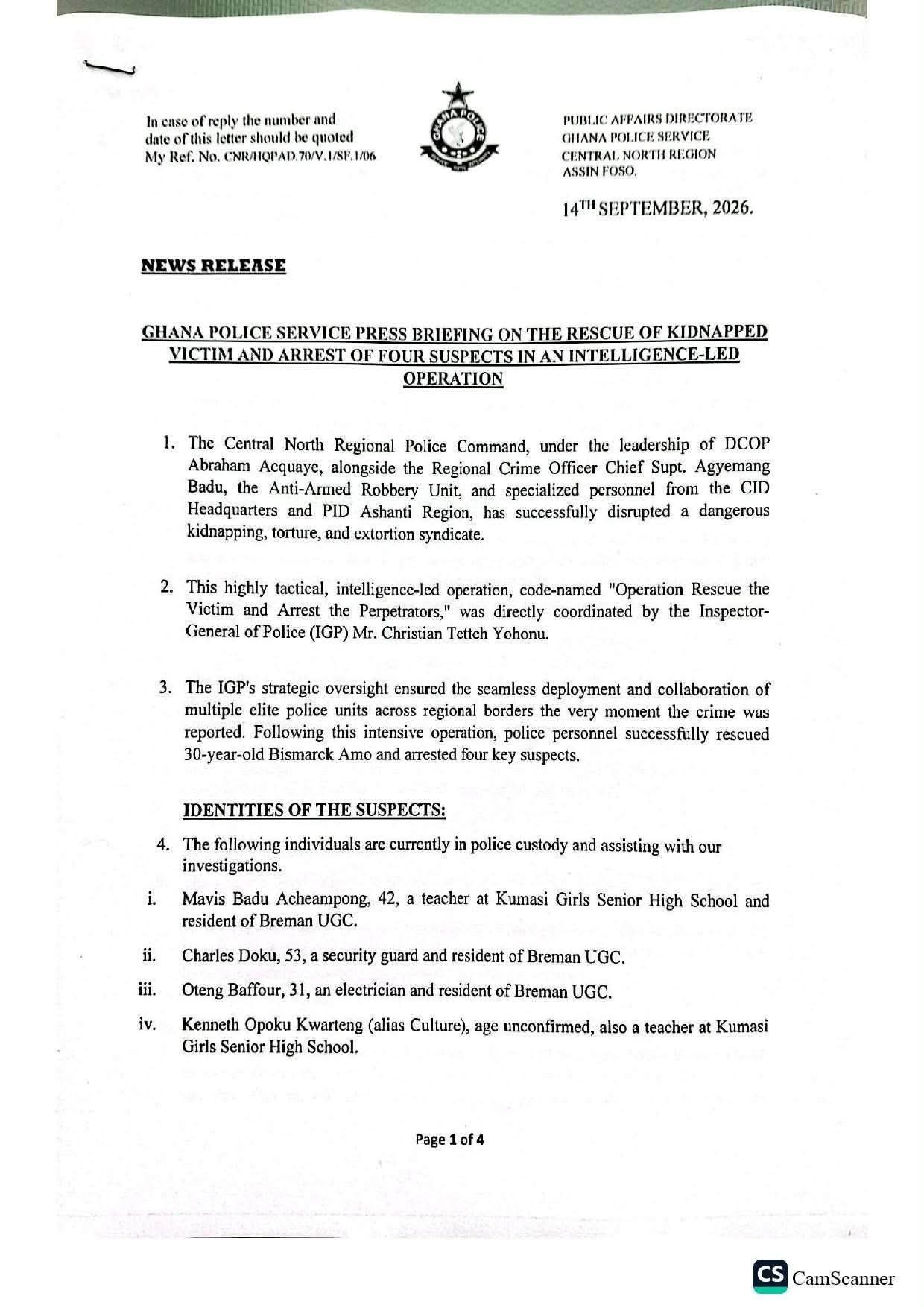 Ghana Police Rescue Kidnapped Victim and Arrest Four Suspects in Major Intelligence Operation