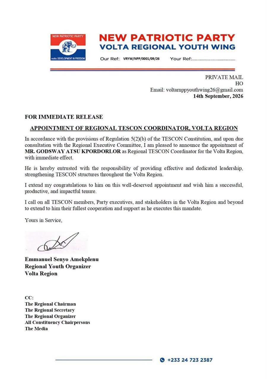 Godsway Atsu Kpordorlor Appointed Volta Regional TESCON Coordinator-NPP Volta Region