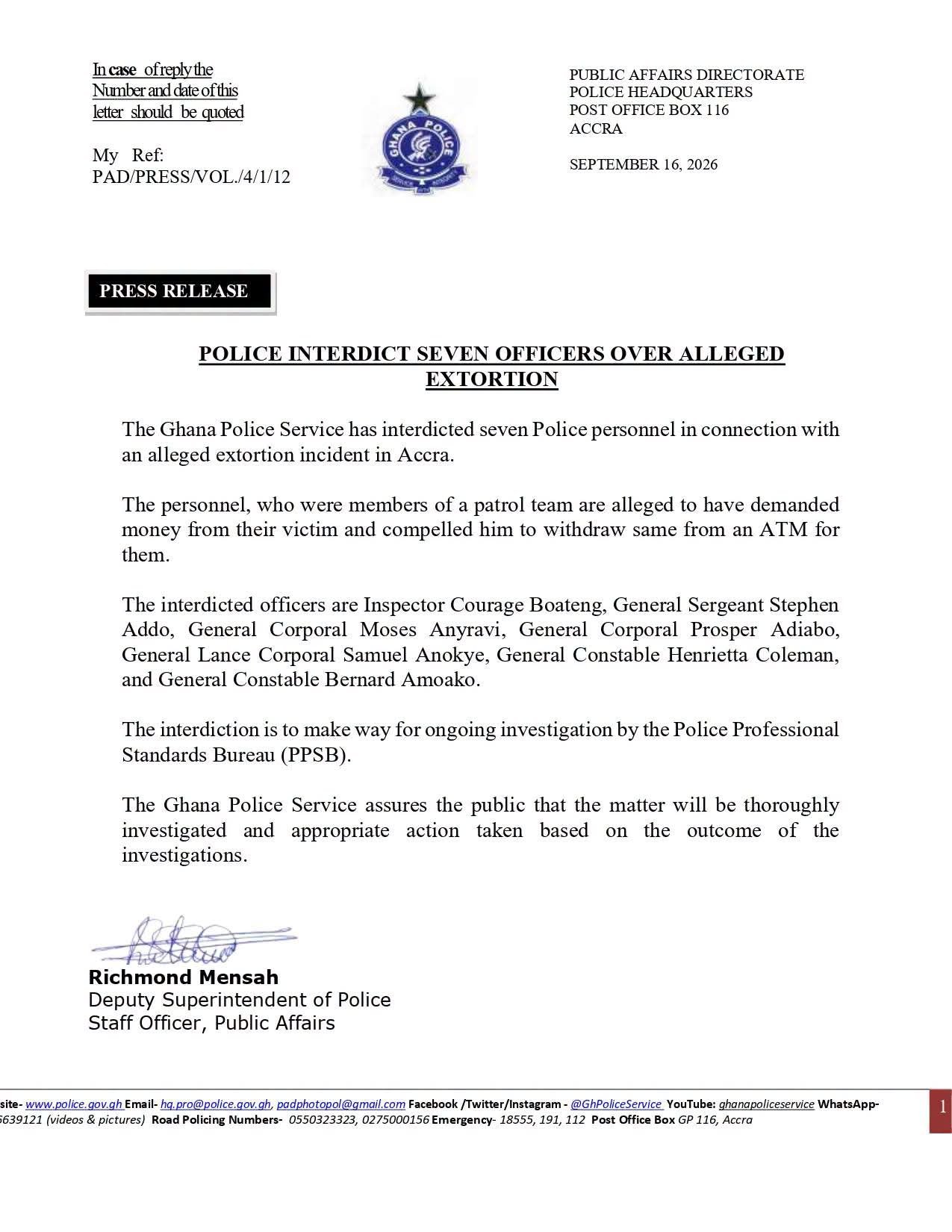 Seven Ghana Police Officers Interdicted over Alleged ATM Extortion in Accra
