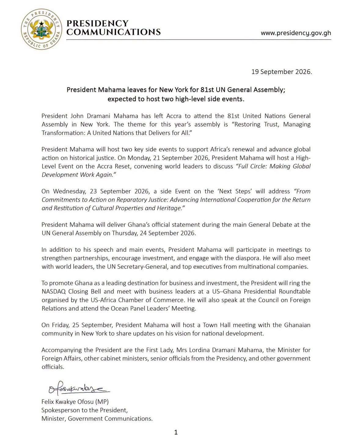 President Mahama Set to Leads Africa’s Renewal and Reparations Push at 81st UN General Assembly