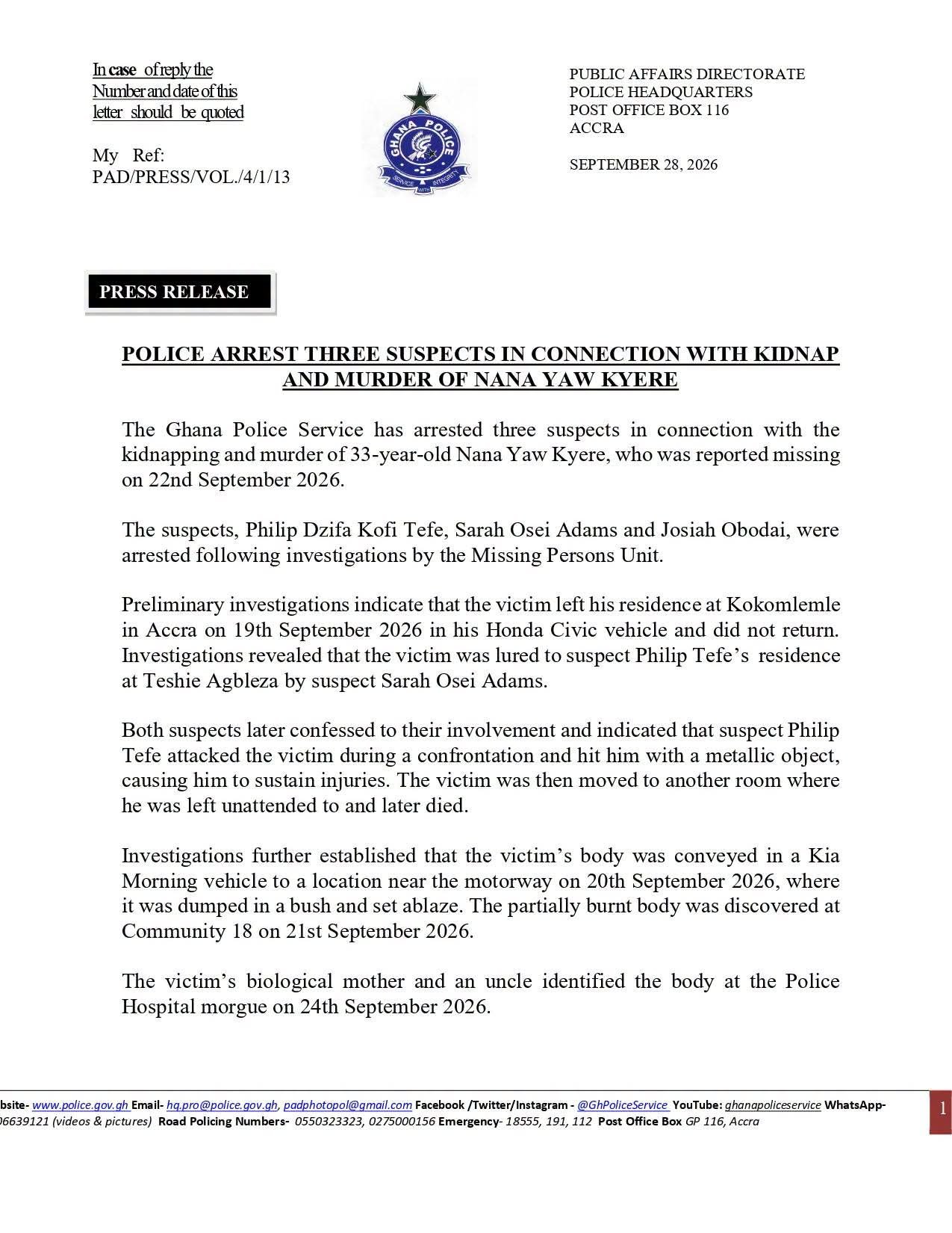 Police Arrest Three Suspects Over Kidnap and Murder of 33-Year-Old Nana Yaw Kyere