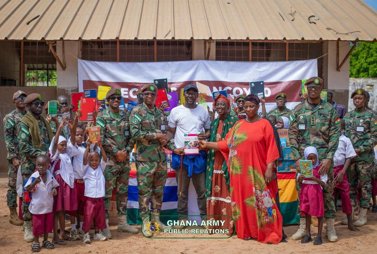 ECOMIG GHANCOY 10 Extends Civil-Military Support with Book and Food Donation to Berending Lower Basic School
