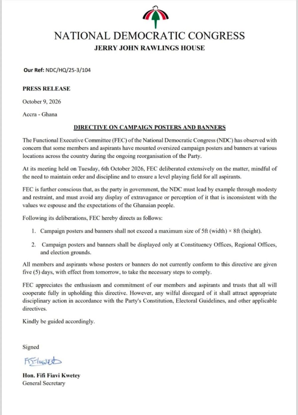 NDC Gives Aspirants 5-Day Ultimatum to Tear Down Oversized Campaign Posters