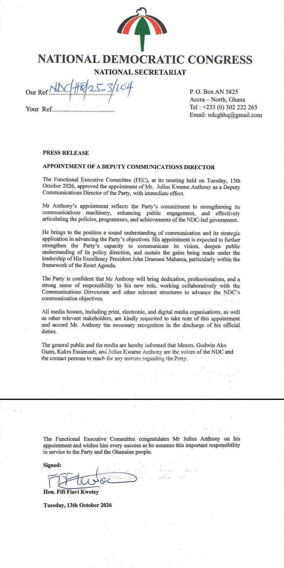 NDC Appoints Julius Kwame Anthony as National Deputy Communications Director