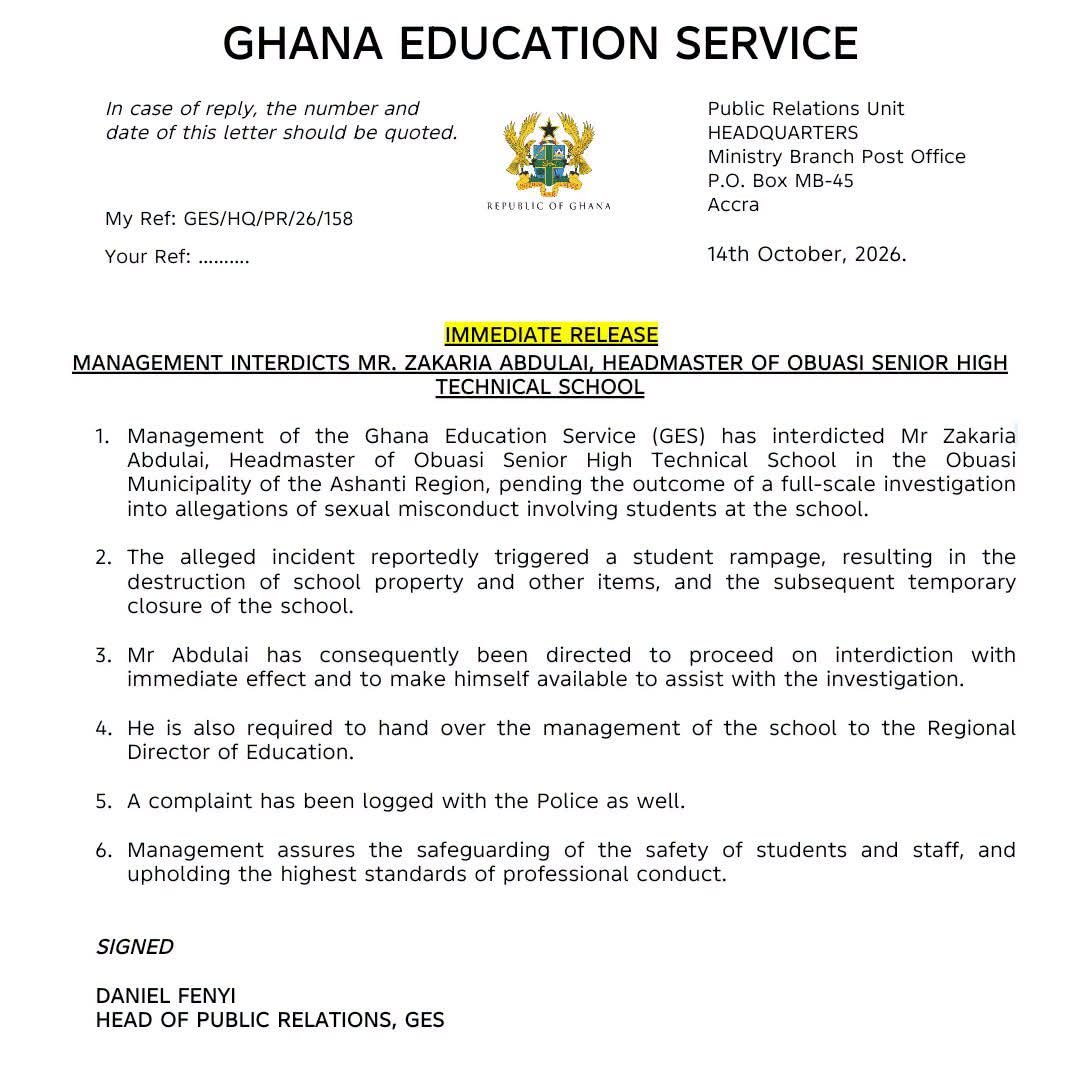 GES Interdicts Obuasi SHTS Headmaster Over Sexual Misconduct Allegations