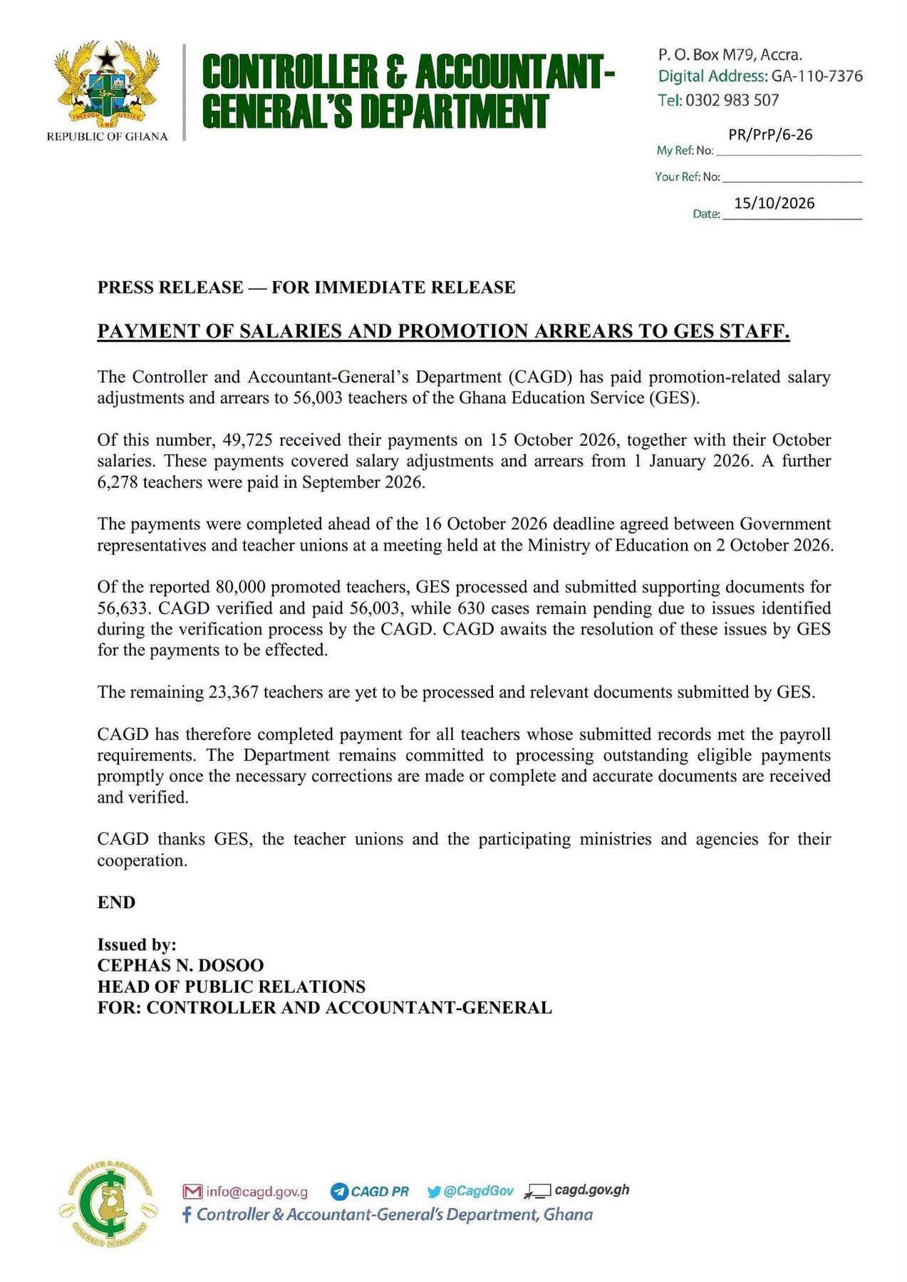CAGD Pays Promotion Arrears and Salary Adjustments to 56,003 GES Teachers