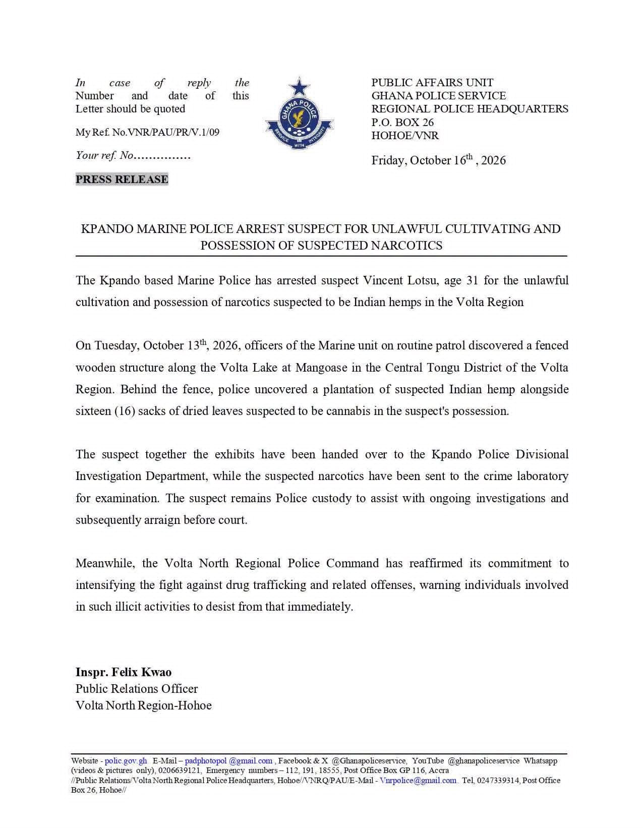 Kpando Marine Police Arrest 31-Year-Old Man over Illegal Cannabis Cultivation in Central Tongu